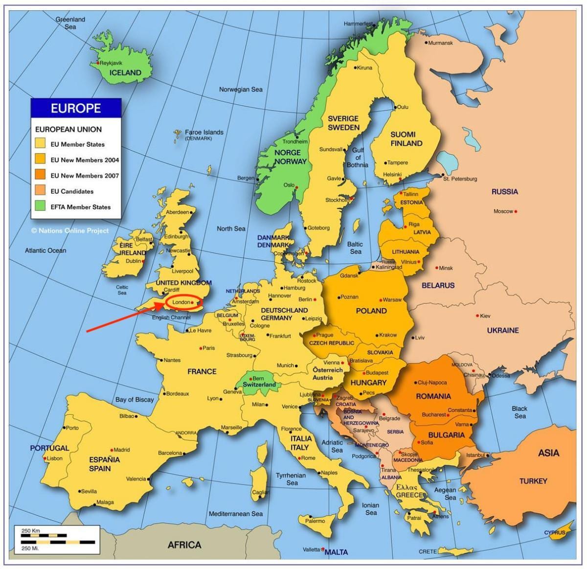 Лондон на карте Европы
